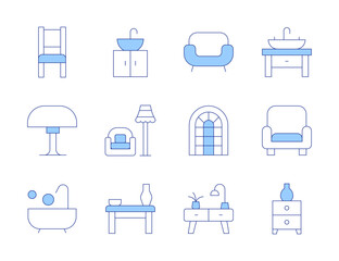 Home furniture icons. Line Duotone style, editable stroke. sofa, bathtub, drawers, chair, sink, window, lamp, cabinet, table