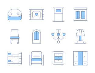 Home furniture icons. Line Duotone style, editable stroke. wardrobe, chandelier, chest of drawers, bunk bed, cabinet, chair, single bed, rug, table lamp, house door, home decor