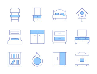 Home furniture icons. Line Duotone style, editable stroke. tv table, book shelf, wardrobe, bird house, mirror, cabinet, chair, bedside table, cupboard, bed