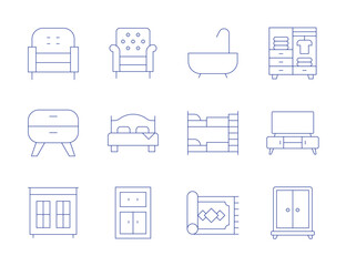 Home furniture icons. Thin Line style, editable stroke. armchair, bed, cabinet, bedside table, bathtub, bunk bed, carpet, wardrobe, tv