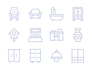 Home furniture icons. Thin Line style, editable stroke. armchair, bed, cabinet, bird house, wardrobe, vase, bathtub, ceiling lamp