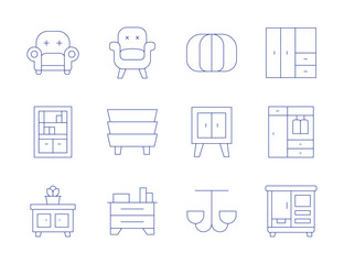Home furniture icons. Thin Line style, editable stroke. armchair, bedside table, cabinet, bookcase, wardrobe, bean bag, ceiling light