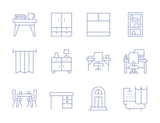 Home furniture icons. Thin Line style, editable stroke. closet, cupboard, desk, coffee table, curtain, dining table, door, shelf, workplace, shower