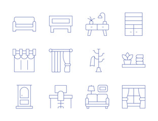 Home furniture icons. Thin Line style, editable stroke. coffee table, curtain, desk, couch, curtains, door, shelving, shelf, window, drawers, hat rack, living room