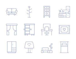 Home furniture icons. Thin Line style, editable stroke. coat stand, cupboard, desk lamp, couch, curtains, wardrobe, shelves, rug, single bed, drawers, living room, workplace