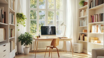 Fototapeta premium A bright and airy home office with a desk, computer, and bookshelves, ideal for remote work
