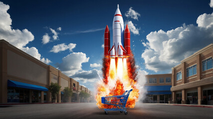 Fiery rocket launching from shopping cart into sky with clouds and blue sky background concept