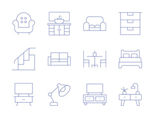 Home furniture icons. Thin Line style, editable stroke. sink, sofa, table lamp, stairs, tv, drawer, double bed, drawers, table, tv table