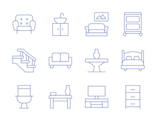 Home furniture icons. Thin Line style, editable stroke. sink, sofa, table, stairs, toilet, drawer, double bed, tv table, drawers