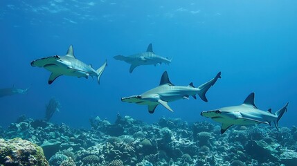 Obraz premium Hammerhead Sharks Swimming in a Vibrant Coral Reef