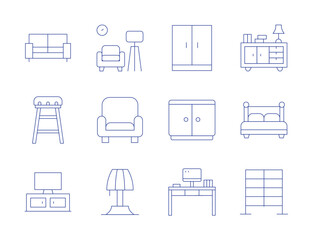 Home furniture icons. Thin Line style, editable stroke. sofa, table lamp, stool, tv stand, drawer, double bed, rack, closet, cupboard, desk