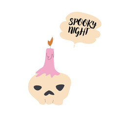 Cute halloweens skull with pink candle and speech bubble - spooky night.