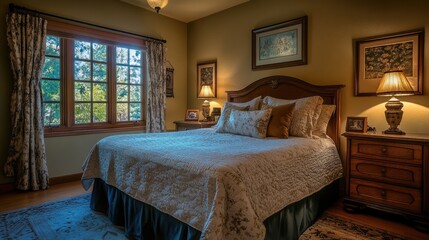 A comfortable bedroom with a queen-size bed, nightstands, and soft lighting for relaxation