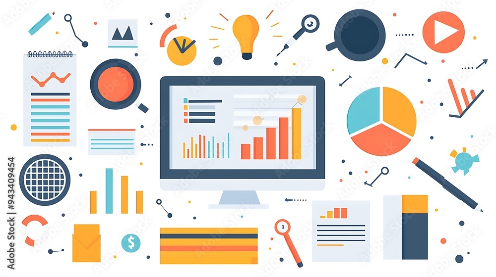 Poster business analytics data and financial reports fill a desktop screen, depicting the intricate web of 