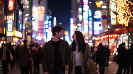 Fototapeta premium 夜の東京を歩く若い西洋人カップル
