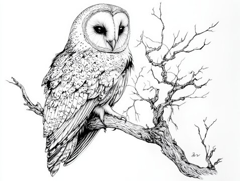 recommend clip art: Detailed line art drawing of a barn owl perched on a branch of a bare tree.