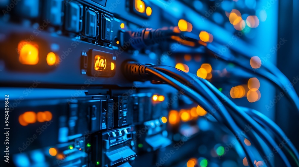 Poster close-up of network server with cables and leds