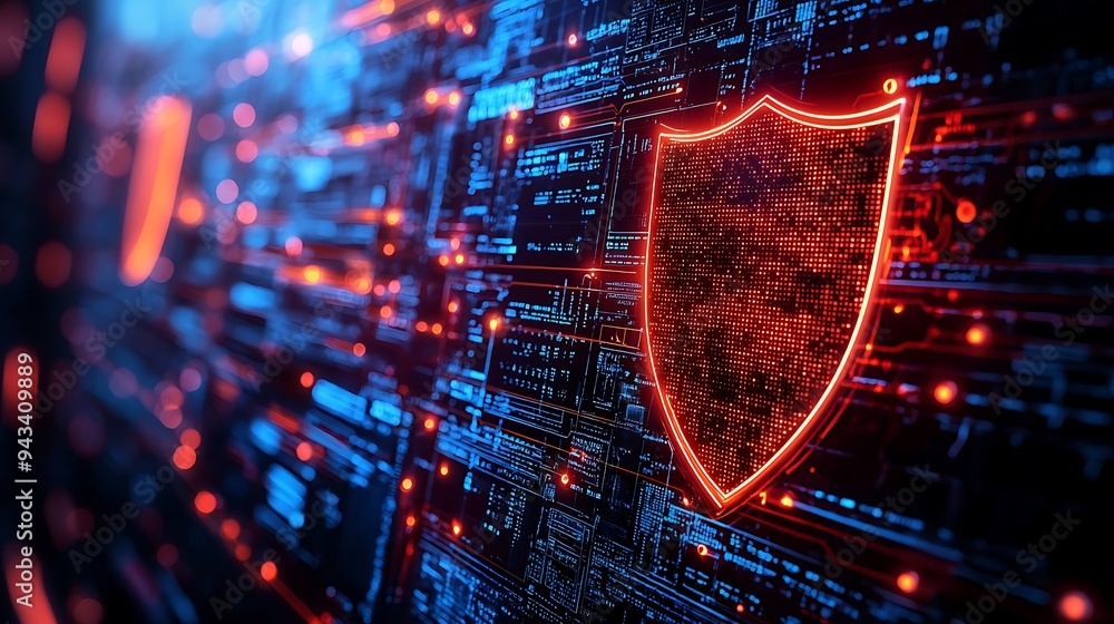 Poster a cybersecurity shield icon represents data protection and network security, standing as a guardian 