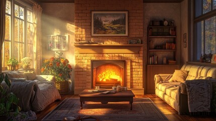 A cozy living room with a fireplace, comfortable sofa, and a coffee table, bathed in warm natural light