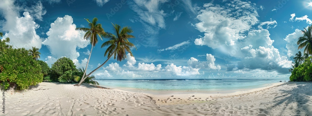 Wall mural palm tree ocean. summer getaway in paradise: beach with palm trees and turquoise ocean