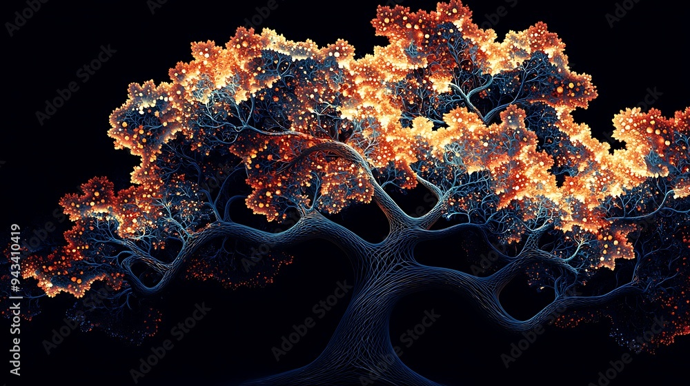 Poster an abstract tree glows with vibrant orange and blue hues against a deep black background, creating a