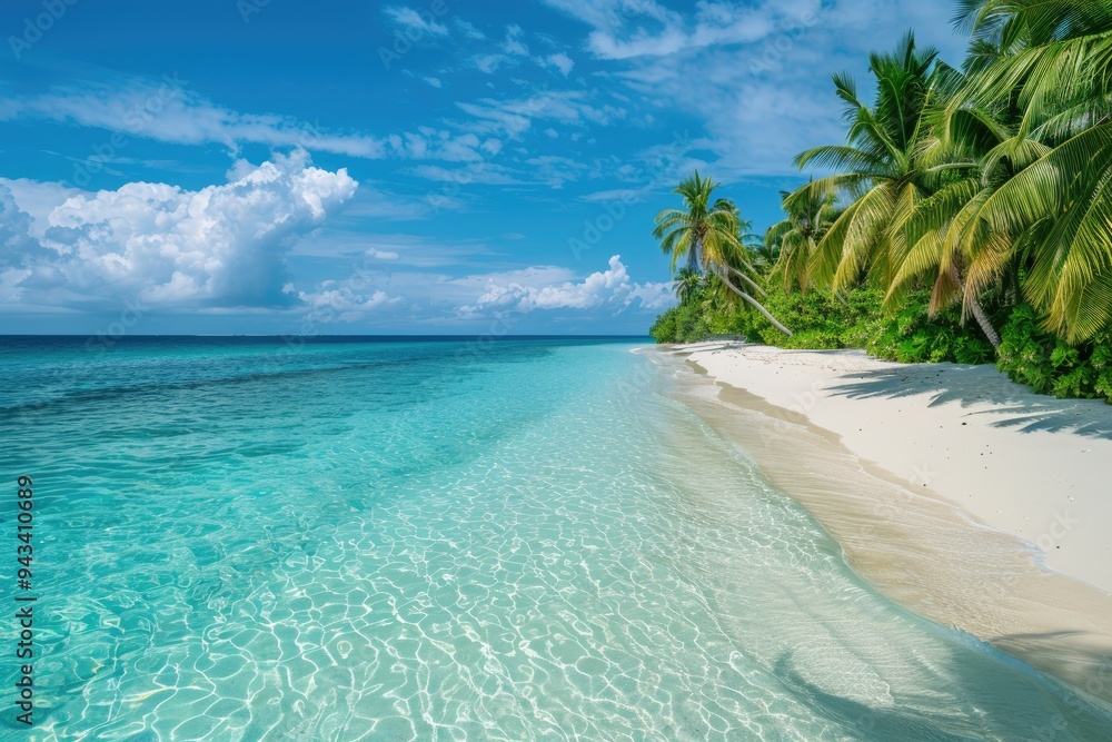 Wall mural luxurious tropical landscape. white sand with palm trees and azure sea. a heavenly place to relax. b