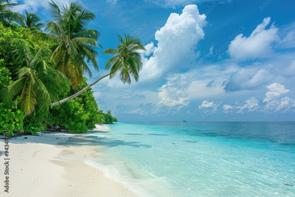 Wall mural luxurious tropical landscape. white sand with palm trees and azure sea. a heavenly place to relax. b