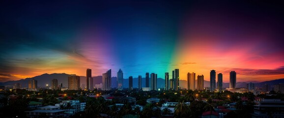 City Skyline with Rainbow Sunset