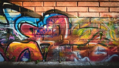 a graffiti covered brick wall vivid colors layers of tags and street art late afternoon sunlight...