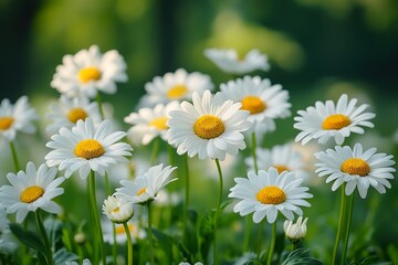 Fototapeta premium A field of daisies in full bloom, with white petals and bright yellow centers dotting a green landscape