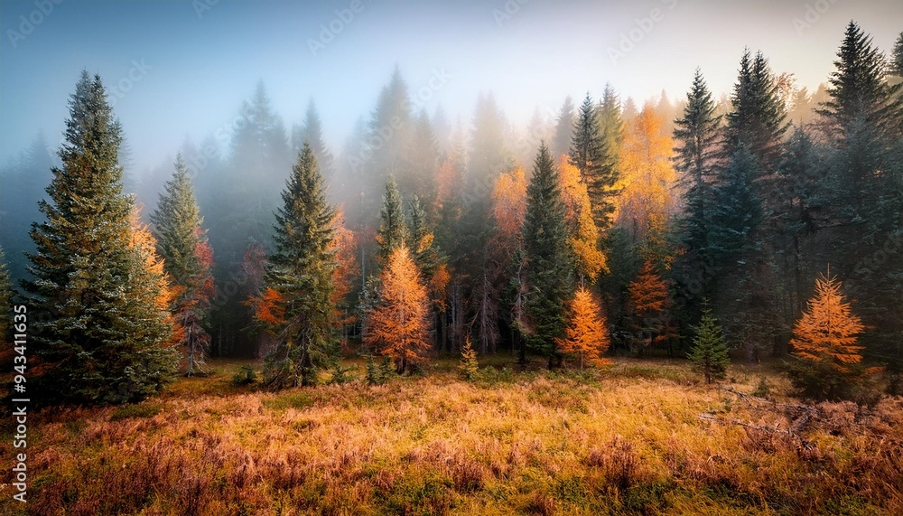 Sticker natural forest of spruce trees in autumn