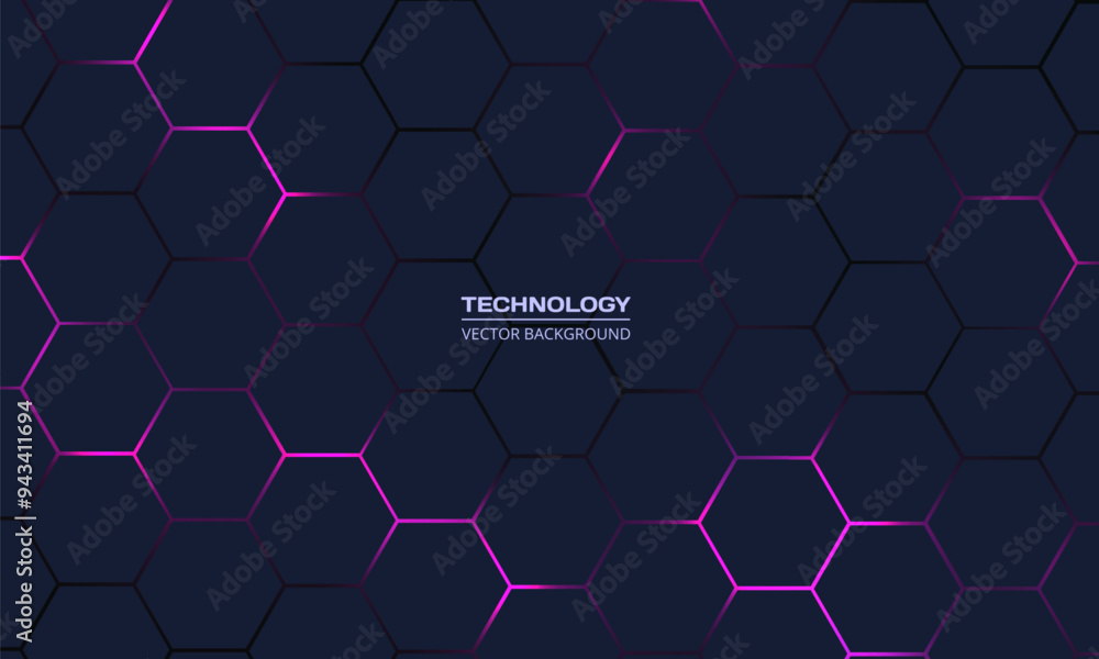 Poster Dark hexagon abstract technology background with pink and purple colored bright flashes under hexagon. Hexagonal gaming vector abstract tech background.