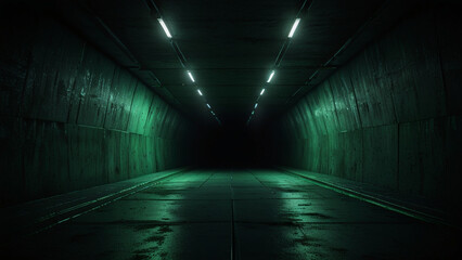 Futuristic corridor, tunnel with emerald lighting in modern design.