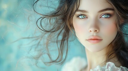 Fototapeta premium A close-up portrait of a woman with blue eyes and brown hair emphasizes her captivating gaze and soft features.