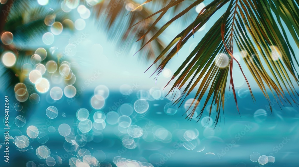 Wall mural abstract summer scene with blurred ocean, palm leaves, and defocused bokeh lights. a dreamy seaside 
