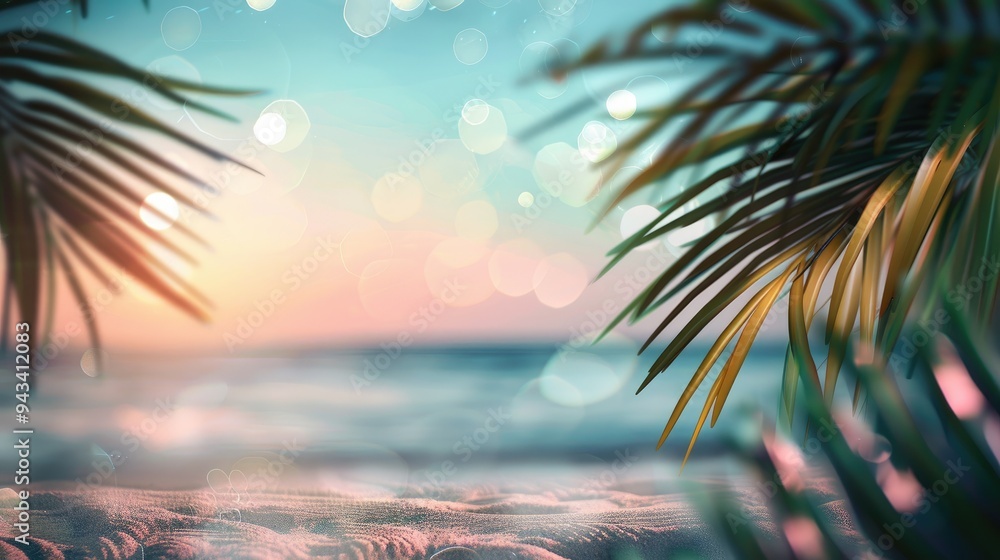 Wall mural abstract summer scene with blurred ocean, palm leaves, and defocused bokeh lights. a dreamy seaside 