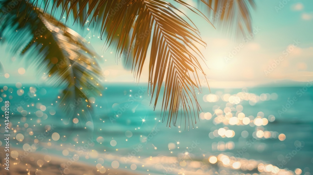 Wall mural abstract summer scene with blurred ocean, palm leaves, and defocused bokeh lights. a dreamy seaside 