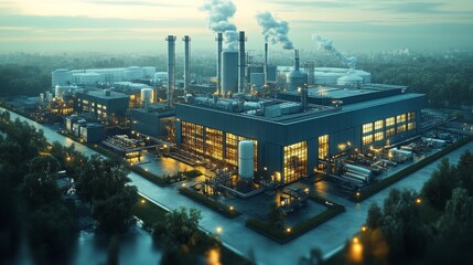 A zero energy manufacturing plant is depicted at dusk, showcasing its innovative design and sustainability efforts.