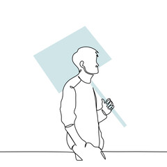 man walking carrying a banner on a stick on his shoulder - one line art vector. concept protester returning from a rally, unmotivated student carrying a billboard