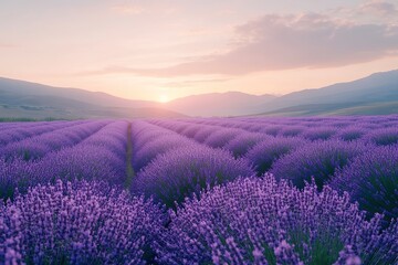 Obraz premium A field of lavender stretching to the horizon, with a soft purple hue under a clear sky