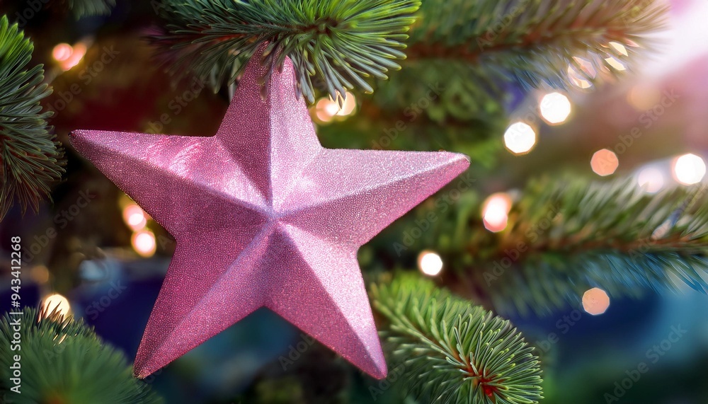 Wall mural shining pink star on the christmas tree