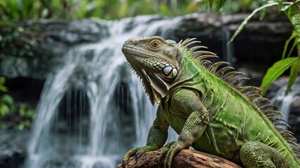 Green iguana on branch with waterfall background 