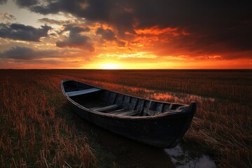 An old wooden boat lies abandoned in a field during sunset. The dramatic sky and orange hues create a striking contrast in the serene landscape.
