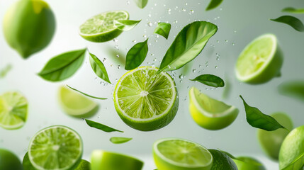 Falling juicy lime with green leaves isolated on transparent background.