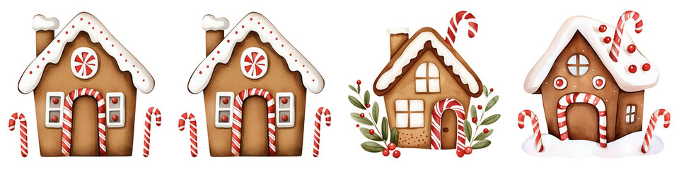 Delightful gingerbread houses decorated with candy canes and icing, perfect for festive holiday designs and sweet treats.