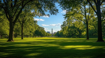 Obraz premium A park with a view of a historic monument, framed by tall trees and green lawns