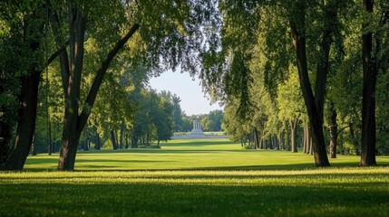 A park with a view of a historic monument, framed by tall trees and green lawns