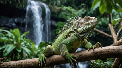 Green iguana on branch, scenic jungle waterfall
