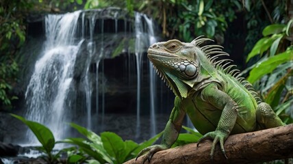 Green iguana on branch, scenic jungle waterfall 