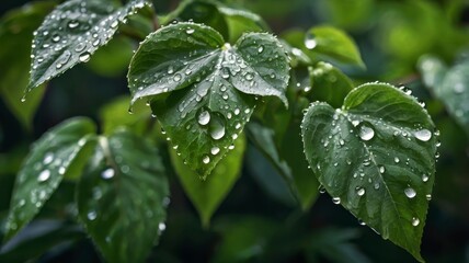 Green leaves with water drops and a blurred background